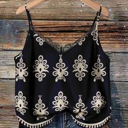 Shein Plus Size V-Neck Lace Patchwork Cami Top - Black Floral Print