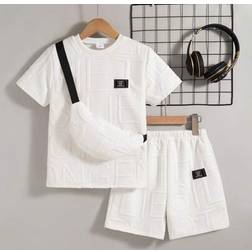 Shein Toddler Boys Casual Solid Color Pattern Short Sleeve T-Shirt And Shorts Set With Pouch - Summer