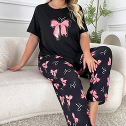 Shein Bow Print Casual Short Sleeve Long Pants Sleepwear Set - Plus Size
