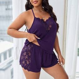 Shein Plus Size Women Contrast Lace Camisole & Shorts Sleepwear Set