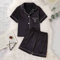 Shein Girls Pajamas Set Soft Solid Color Waffle Knit Applique Heart - Collar Button