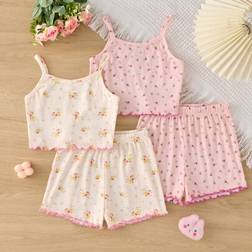 Shein Dozemod Young Girl Ditsy Floral Frill Hem Camisole Shorts Casual Comfy Pajama Set