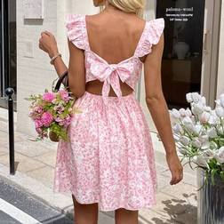 Shein Lässiges Damenkleid Schmetterlingsdruck mit Rüschenärmeln und Bindedetail - Sommeroutfit