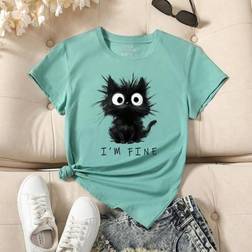 INAWLY Damen Rundhals Lässig Kurzarm T-Shirt mit Buchstaben- und Cartoon-Muster