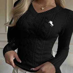 Shein Damen Lässiger Minimalistischer Pullover mit Stickerei Detail