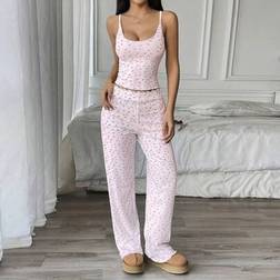 Shein Leisure Spaghetti Strap Printed Rib Knit Cami Top And Pants Homewear Set - 2pcs