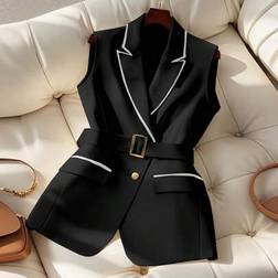 Shein Colorblock Trim Belted Sleeveless Elegant Blazer