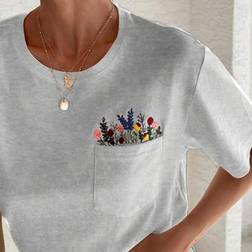 Shein Baumwoll T-Shirt mit Blumenstickerei - Rundhalsausschnitt