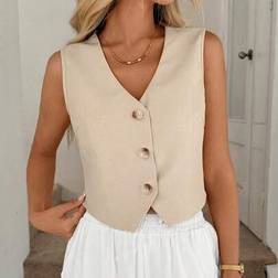 Shein Luneh V-Neck Button Down Asymmetrical Hem Sleeveless Shirt - Spring/Summer