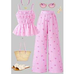 Shein Girls Striped Bow Strap Top And Straight-Leg Pants - Holiday Style