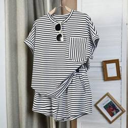 Shein Plus Size Casual Striped Crew Neck Short Sleeve Top And Shorts Set