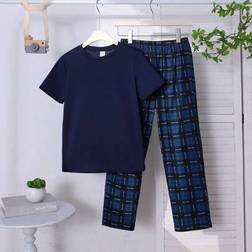 Shein Tween Boys Casual Simple Round Neck Short Sleeve T-Shirt And Plaid Pattern Loose Fit Pajama Pants - 2 Pieces