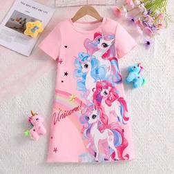 Shein Cute Unicorn Rainbow Star & Letter Print Short Sleeve - Nightgown