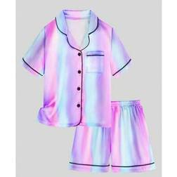 Shein Tween Girl Striped Short Sleeve Shirt And Shorts Pajama Set - Blue-Purple