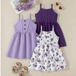 Shein 3-Piece Sets Young Girls Fashionable Floral Print & Solid Color Buttoned Casual Cami Dress
