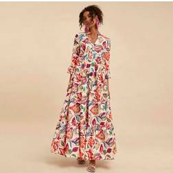 Shein Gewebtes Bedrucktes Maxikleid Mit Ausgestelltem Saum Und 3/4 Ärmeln - Damen