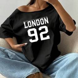 Shein Flirla Women's Letter Print Off-Shoulder Short Sleeve Casual Loose T-Shirt Graphic Tees - Women