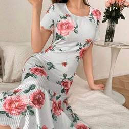 Shein Ribbed Floral Print Short Sleeve Casual - Nightgown