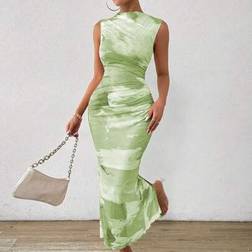 Rafferiza Tie Dye Mock Neck Mesh Bodycon Dress - Maxi