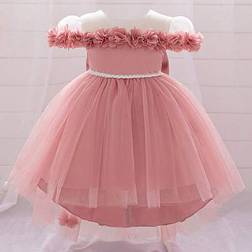 Shein Baby Girls Floral Mesh Back Bowknot Decorated Cute Party Dress - Without Hair Accessories