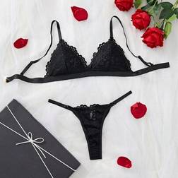 Shein Women Simple Solid Color Lace Trim Casual Sexy Lingerie Set