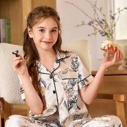 Shein Tween Girls Floral Print Short Sleeve Pajama Set