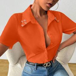 INAWLY Damen Einfarbige Minimalistische Kurzarm Bluse