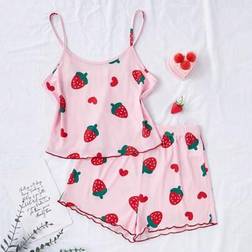 Shein Teenager Girls Casual Strawberry Heart Print Camisole And Shorts Pajama Set - Pink