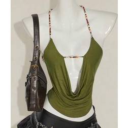 Shein Beaded Spaghetti Strap Sexy Low-Cut Back Camisole - Green