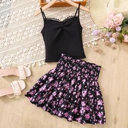 Shein Teen Girls Shirred Lace Trim Camisole And Ditsy Floral A-Line Skirt