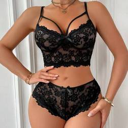 Shein Women's Hollow Out Bow Decor Lace Lingerie Set