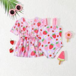 Shein Baby Girl Strawberry Print One Piece Swimsuit With Cover-Up
