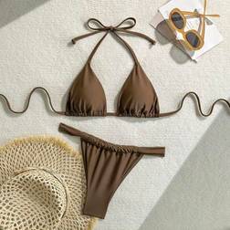 Shein Women's Solid Color Halter Tie-Up Backless Sexy Bikini Set