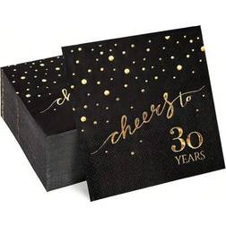 Shein 3-Ply Birthday Party Napkins 20pcs 30th 40th 50th 60th 70th Golden Foil Text On Black Background