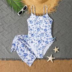 Shein Teenage Girls Retro Blue Floral Print Bowknot Decor One-Piece Swimsuit With Beach Skirt