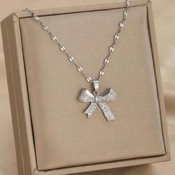 Shein Girls Sweet Fashion Golden Plated Bow Tie Pendant Copper & Zirconia Silver Necklace - Silver
