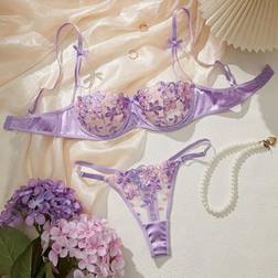 Shein Romantic Floral Embroidery Women Sexy Lingerie Set - Purple