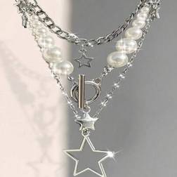 Shein Sparkling Stone Inlaid Star Design Layered Necklace Set - Fashionable Piece