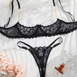 Shein Sexy Women Black Lace Underwire Bralette With Metal Chain Decor - Black