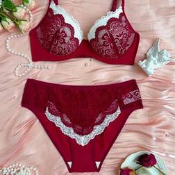 Shein Women Fashion Colorblock Contrast Lace Sexy Lace Bra & Panty Lingerie Set