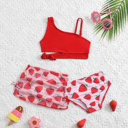 Shein Baby Girl Strawberry Print Halter Swimsuit Set With Cover Up Skirt - Beach/Resort