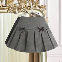 Shein Tween Girl's Black Pleated Skirt With White Bow Decor - Black