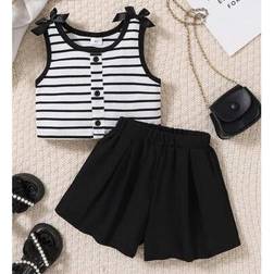 Shein Young Girl Ribbed Sleeveless Top With Bow Accent Shorts Spring/Summer Set - Black/White