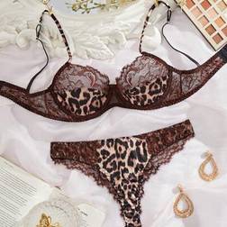 Shein Sexy Lace Splice Leopard Print Lingerie Set - Brown
