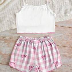 Shein Tween Girls Bow Decor Casual Minimalist Fitted Camisole Top And Shorts Pajamas - Summer