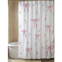 Shein 1 Piece Beautiful Pink Floral Bow Printed Shower Curtain with 12 Hooks, Mildew Resistant & Waterproof, Bathroom Decoration, Modern Style Bathroom Partition Window Curtain, No Drilling Required, 72*72 Inch, Summer