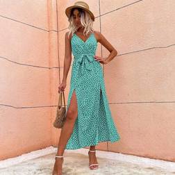 Shein Maxikleid Mit Durchgehendem Muster Schlitzabschluss Gürtel Strandoutfit - Frauen