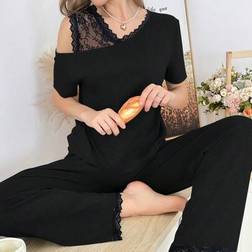 Shein Farbblock Spitze Naht Schräge Schulter Set - Lässig