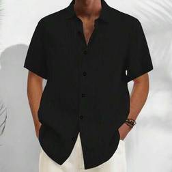 Shein Lässiges Gerippt Strukturiertes Stoff Herren Kurzarm Hemd - Button-Down Kragen