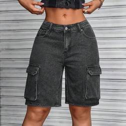 Shein Damen Lässig Gewaschene Cargo Denim Shorts - Niedriger Taille
